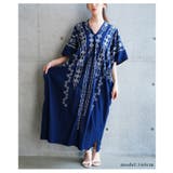ネイビー | 自然の温もりを感じる刺繍デザインインド綿カフタンワンピース レディース | Sawa a la mode