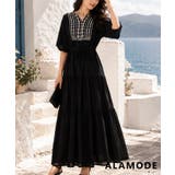 ブラック | 涼し気を纏う草花刺繍インド綿ティアードワンピース レディース ファッション | Sawa a la mode