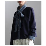 ネイビー | 着こなし広がるリボンタイ付き異素材スウェットトップス レディース ファッション | Sawa a la mode