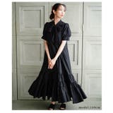 ブラック | 可愛さ零れるパフスリーブリボンティアードロングワンピース レディース ファッション | Sawa a la mode