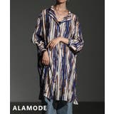 ブルー | アートを纏うランダムストライプチュニックシャツ レディース トップス | Sawa a la mode