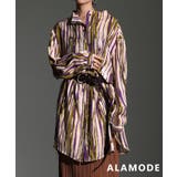 パープル | アートを纏うランダムストライプチュニックシャツ レディース トップス | Sawa a la mode