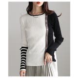オフホワイト | モード感度抜群なアシンメトリー配色リブニットトップス レディース ファッション | Sawa a la mode