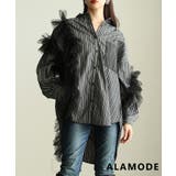 ブラック | チュールが主役のチュールフリルロングストライプシャツ レディース トップス | Sawa a la mode