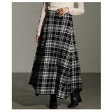 ブラック | 独特な揺らめきを描くタータンチェックニットフレアスカート レディース ファッション | Sawa a la mode