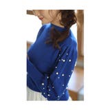 ブルー | パールの粒が降り注ぐパフスリーブニットトップス レディース ファッション | Sawa a la mode