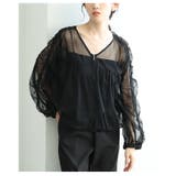 ブラック | ギャザー切替ボリューム袖Vネックジップアップメッシュジャケット レディース | Sawa a la mode