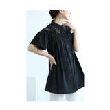 ブラック | デコルテレースとリボンのコットンシャツチュニック レディース ファッション | Sawa a la mode