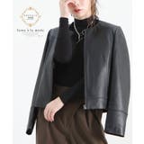 ブラック | 上質ラムレザーのノーカラージャケット レディース ファッション | Sawa a la mode