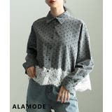 グレー | クラシカルに映えるフロッキードット裾レースシャツ レディース トップス | Sawa a la mode
