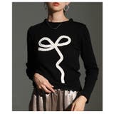 ブラック | 心惹かれるプリーツリボンが描かれたニットトップス レディース ファッション | Sawa a la mode