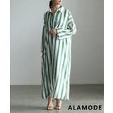 グリーン | 縦ラインで魅せるスキッパーネックストライプワンピース レディース ワンピース | Sawa a la mode