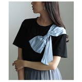 ブラック | 甘さを抑えたアシンメトリーリボンモチーフカットソー レディース ファッション | Sawa a la mode