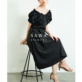 ブラック | デコルテを華奢に見せるギャザーVネック襟ワンピース レディース ファッション | Sawa a la mode