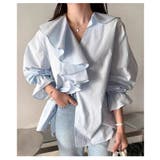 ブルー | フリルビッグカラーで華やぐキャンディースリーブシャツブラウス レディース | Sawa a la mode