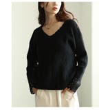 ブラック | 手元に浮かぶ袖口レースリブニットトップス レディース ファッション | Sawa a la mode