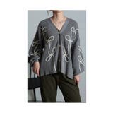 グレー | 流れるレトロな可愛さリボン柄ニットカーディガン レディース ファッション | Sawa a la mode