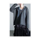 チャコール | 配色スカラップが効くステッチニットパーカー レディース ファッション | Sawa a la mode