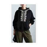 ブラック | レトロを描くコード刺繍フルジップパーカー レディース ファッション | Sawa a la mode