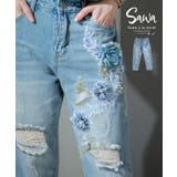 ブルー | ブルーベースの花モチーフテーパードデニム レディースファッション ボトムス | Sawa a la mode