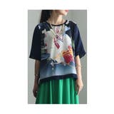 ネイビー | アーティスティックに飾る手書き風プリントカットソー レディース ファッション | Sawa a la mode