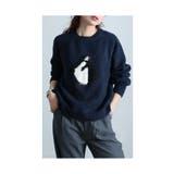 ネイビー | キャッチーなアイコンお散歩ペンギン柄ニット レディース ファッション | Sawa a la mode