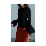 ブラック | レディに仕上がる異素材フレア袖リブニット レディース ファッション | Sawa a la mode