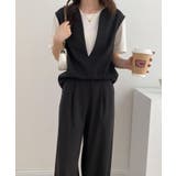 ブラック | スキッパネックノースリーブブラウス&ウエストタックセミワイドパンツセットアップ | ABITOKYO