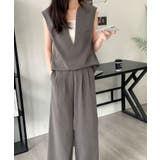 チャコールグレー | スキッパネックノースリーブブラウス&ウエストタックセミワイドパンツセットアップ | ABITOKYO