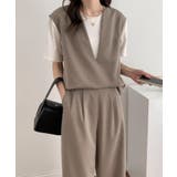 カーキ | スキッパネックノースリーブブラウス&ウエストタックセミワイドパンツセットアップ | ABITOKYO