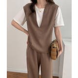 モカ | スキッパネックノースリーブブラウス&ウエストタックセミワイドパンツセットアップ | ABITOKYO