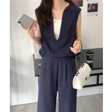 ネイビー | スキッパネックノースリーブブラウス&ウエストタックセミワイドパンツセットアップ | ABITOKYO