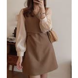 キャメル | ボリュームシフォン袖ドッキングチュニックワンピース | ABITOKYO