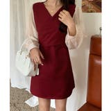 レッド | ボリュームシフォン袖ドッキングチュニックワンピース | ABITOKYO