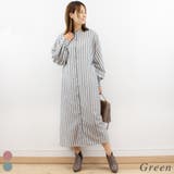 グリーン | マルチストライプバンドカラーシャツワンピース | A.NATALY