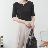 ブラック | キーネックコットン5分袖トップ | A.NATALY