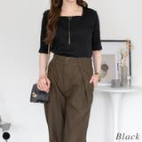 ブラック | スクエアネック５分袖コットンリブＴシャツ | A.NATALY