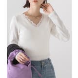 オフホワイト | VネックレーステレコロングTシャツ カットソー レース | ad thie