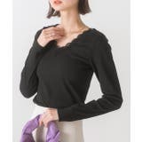 ブラック | VネックレーステレコロングTシャツ カットソー レース | ad thie