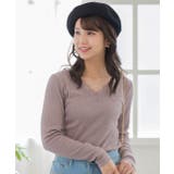 ピンクベージュ | VネックレーステレコロングTシャツ カットソー レース | ad thie