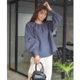 ネイビー | ピーチ起毛ギャザーブラウス 後リボン 袖ボリューム | ad thie