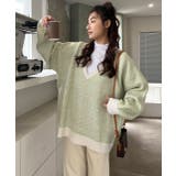 グリーン | ストライプニット Vネック リブ ゆったり バイカラー 袖ボリューム | ad thie
