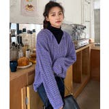 パープル | 透かし編みニット リボン Vネック | ad thie