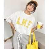 オフホワイト | ショート丈プリントTシャツ A.M.F 裾絞り ギャザー ロゴ | ad thie
