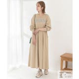 ベージュ | カレッジロゴ 裏毛ギャザー切替ワンピース | ad thie