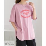 ローズピンク | 裾ラウンド・オーバーサイズロゴプリントTシャツ | ad thie