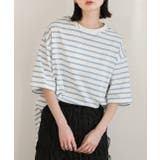ライトブルー | 裾ラウンド ボーダーTシャツ | ad thie