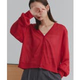 レッド | 袖ボリュームVネックシアーカーディガン | ad thie