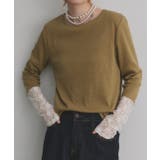 カーキ×オフホワイトレース | 袖切替ラメシアー レースアソートトップス | ad thie