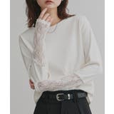 オフホワイト×オフホワイトレース | 袖切替ラメシアー レースアソートトップス | ad thie